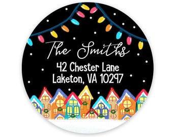 Christmas Address Labels - Round Return Labels - Holiday Address Stickers - Stationery Stickers - Holiday Lights - Sheet of 12 or 24