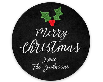 Merry Christmas Stickers - Christmas Favor Stickers - Christmas Treat Bags - Canning Label - Chalkboard - Holly - Sheet of 12 or 24