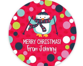 Merry Christmas Stickers - Christmas Penguin Favor Stickers - Christmas Treat Bag Stickers - Canning Label - Sheet of 12 or 24