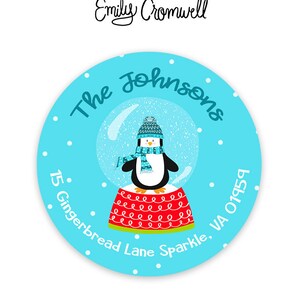 Christmas Address Labels - Round Return Labels - Holiday Address Stickers - Stationery Stickers - Penguin - Sheet of 12 or 24