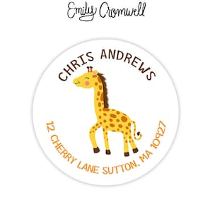 Giraffe Address Labels Round Return Labels Kids Address Stickers Stationery Stickers Giraffe Return Address Sheet of 12 or 24 image 1