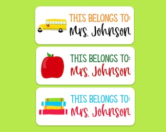 This Belongs To Teacher Labels - Apple - School Bus- Books - Teacher Stickers - Teacher Book Labels - 30 Labels