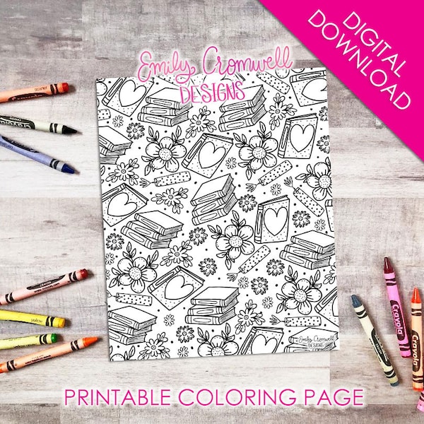 Book Florals Pattern Coloring Page JPEG (Digital Download), Bookish Coloring Page, Library Activity Page, Bookworm