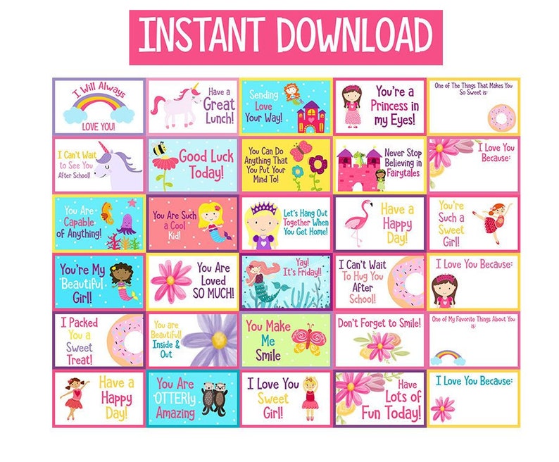 Printable Girls Lunchbox Notes for Kids Instant Download 1 - изображение. 