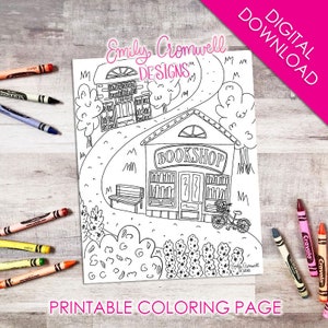 Página para colorir Book Lover&#39;s Lane JPEG (download digital), página para colorir Bookish, página de atividades da biblioteca, Bookworm