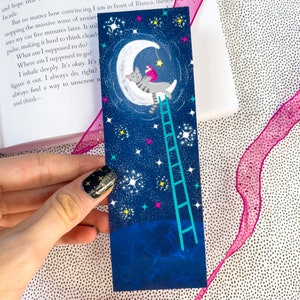 Kitty Reading on the Moon Bookmark, Matte Bookmark, Cat Bookmark, Bookworm, Cat Lover, Celestial