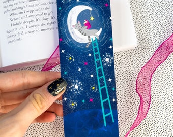 Kitty Reading on the Moon Bookmark, Matte Bookmark, Cat Bookmark, Bookworm, Cat Lover, Celestial