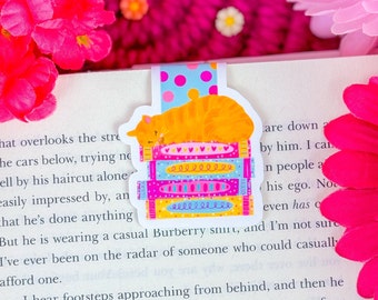 Sleeping Orange Cat on a Book Stack Magnetic Bookmark  - Book Lover Magnetic Bookmark - Bookish - Cat Bookmark - Cat Mom