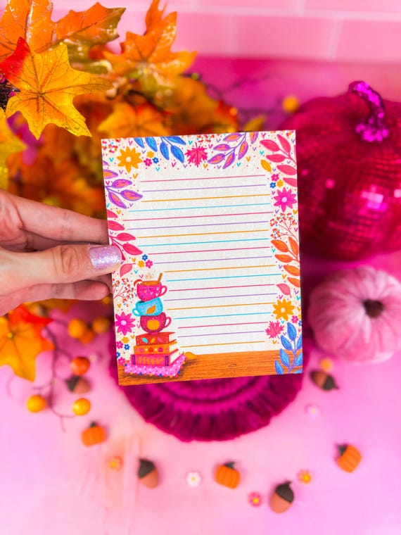 Cozy Fall Book Stack Notepad 4.25" x 5.5" - Bookworm Gift - Bookish Notepad