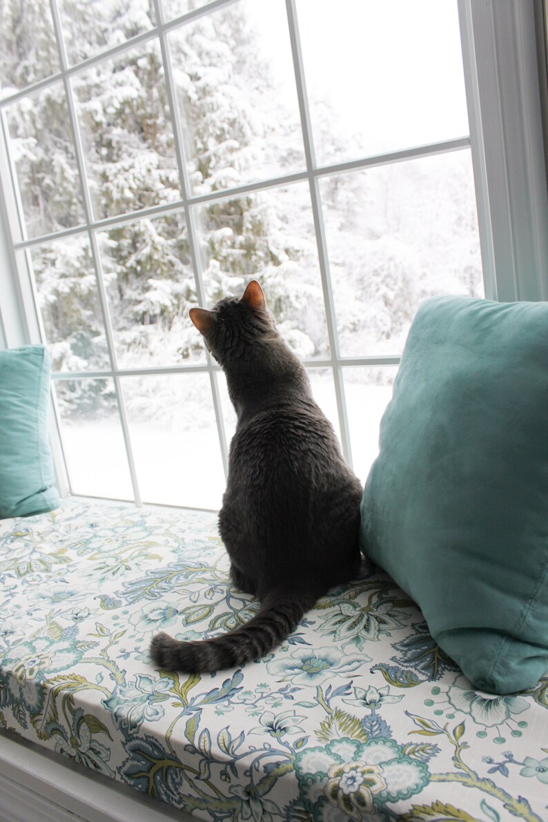 May include: A gray cat sits on a window seat with a floral patterned cushion, looking out at a snowy landscape through a window.