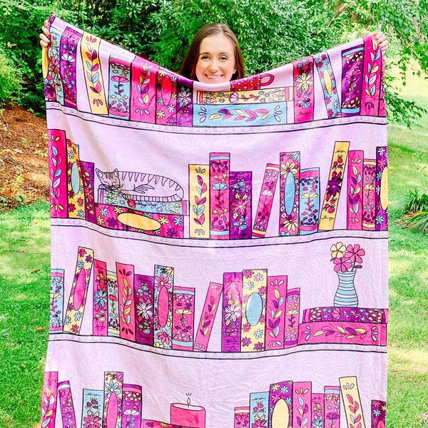 Purple Library Book Stack Minky Blanket 50x60" - Bookish Blanket - Fluffy Blanket