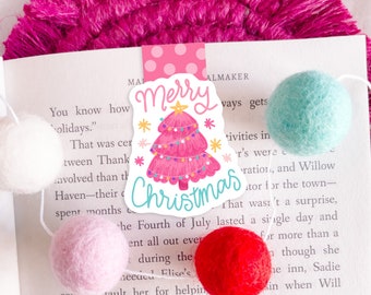 Merry Christmas Pink Tree Magnetic Bookmark- Holiday Bookmark - Christmas Bookmark