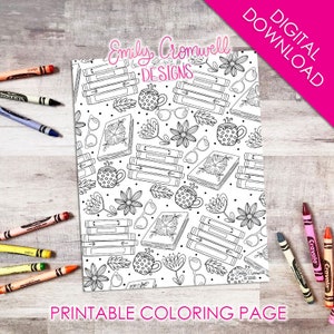 Página para colorir padrão de pilha de livros JPEG (download digital), página para colorir Bookish, página de atividades da biblioteca, Bookworm