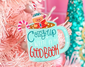 Cozy Up With a Good Book Hot Cocoa Christmas Ornament - Acrylic Christmas Ornament - Holiday Ornament