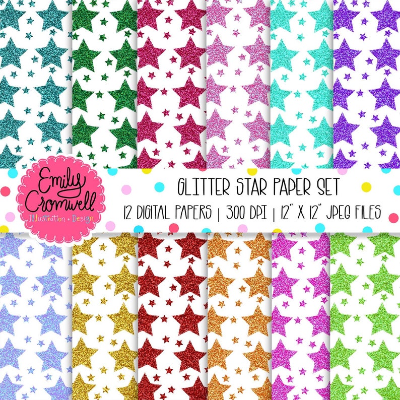 Glitter Star Digital Paper Glitter Scrapbook Paper Stars Etsy