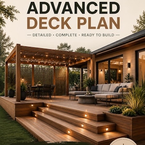 May include: A digital document titled ADVANCED DECK PLAN by NORDIC WOOD STUDIO. It features a photograph of a wooden deck with a pergola, outdoor furniture, and integrated lighting. The text includes DETAILED, COMPLETE, READY TO BUILD, and INSTANT DOWNLOAD.