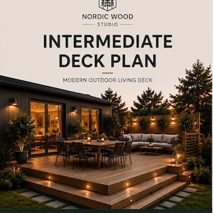 May include: A digital document titled NORDIC WOOD STUDIO INTERMEDIATE DECK PLAN MODERN OUTDOOR LIVING DECK. The image shows a wooden deck with a dining table, chairs, and a sectional sofa, illuminated by small lights, attached to a dark-sided house.