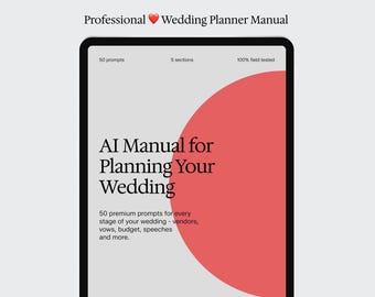 May include: A digital tablet displaying a Professional Wedding Planner Manual. The screen features a light grey background with a large coral circle, black text reading AI Manual for Planning Your Wedding, 50 prompts, 5 sections, and 100% field tested.