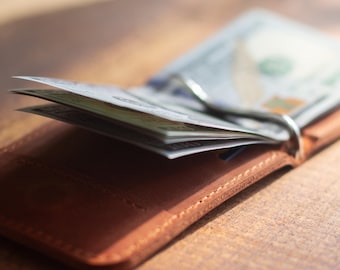 Engraved Leather Money Clip - Slim 2 Card Wallet - Men Christmas Gift