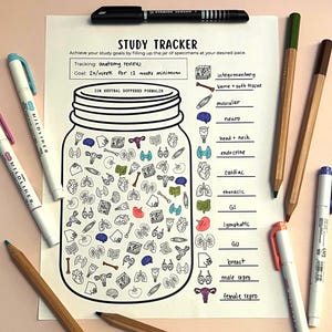 May include: A white paper study tracker sheet featuring a large jar illustration filled with small anatomical icons, surrounded by colored pencils and markers. The text reads STUDY TRACKER, anatomy review, and lists various body systems.