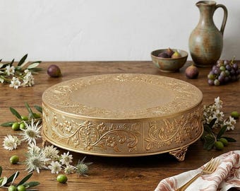 18" Gold Embossed Round Dessert Stand | Metal Riser Display | Wedding Serving Platter