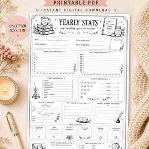 May include: A black and white printable PDF, US Letter size 8.5 x 11 inches, for tracking yearly reading stats. The design includes sections for book titles, genres, ratings, and favorite authors. Text includes "Yearly Stats" and "Instant Digital Download."