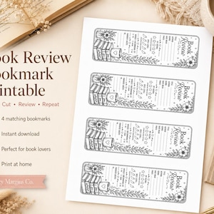 May include: A printable black and white book review bookmark sheet. The bookmarks feature a stack of books, a cup of coffee, and floral accents. Text on the sheet reads "Book Review Bookmark Printable" and "4 matching bookmarks".