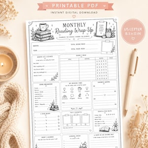 May include: A printable PDF monthly reading wrap-up sheet with the text "Monthly Reading Wrap-Up" and "Instant Digital Download." The sheet includes sections for tracking books read, genre breakdown, and favorite quotes. The paper size is US Letter 8.5 x 11 inches.