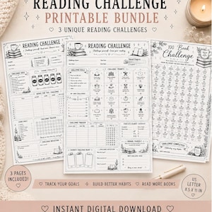 May include: A printable reading challenge bundle with three unique reading challenges. The bundle includes pages to track goals, build habits, and read more books. The pages are US Letter size, 21.59 x 27.94 cm.