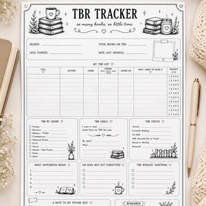 May include: Printable PDF TBR Tracker in US Letter size (21.6 x 27.9 cm). The white page features sections to track books by genre, goals, and status. Includes space for a reading list, notes, and a reminder to enjoy the process.