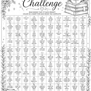 May include: A black and white 100 Book Challenge printable, featuring prompts for reading, with a floral design and a coffee cup that says "Just one more chapter."