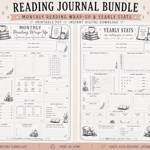 May include: A printable reading journal bundle with monthly reading wrap-up and yearly stats. The journal is US Letter size, 8.5 x 11 inches, and includes sections for tracking books read, ratings, and favorite quotes. The design is black and white with decorative elements.