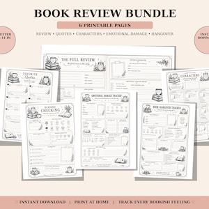 Op de afbeelding: Een bundel van zes afdrukbare boekrecensiepagina's met de tekst "Book Review Bundle" en "6 Printable Pages". De pagina's bevatten secties voor recensies, citaten, personages en emotionele schade. De pagina's zijn US Letter formaat, 21,59 x 27,94 cm.