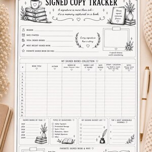 Pode incluir: Rastreador de livros PDF imprimível em preto e branco com o título "SIGNED COPY TRACKER". Inclui seções para registrar livros assinados, assinaturas de autores e assinaturas memoráveis. O tamanho é US Letter, aproximadamente 21,6 x 27,9 cm.