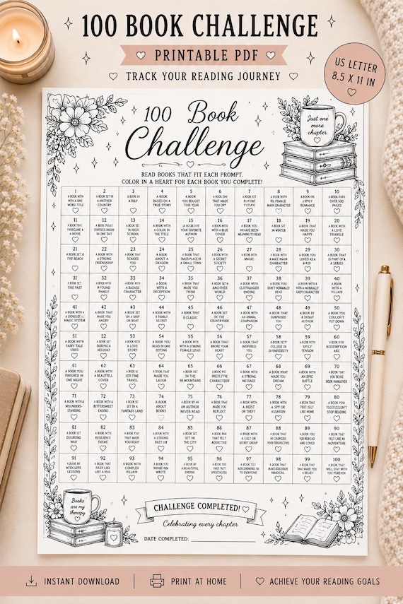 100 Book Challenge Printable Tracker | Reading Journal Page (Digital Download)