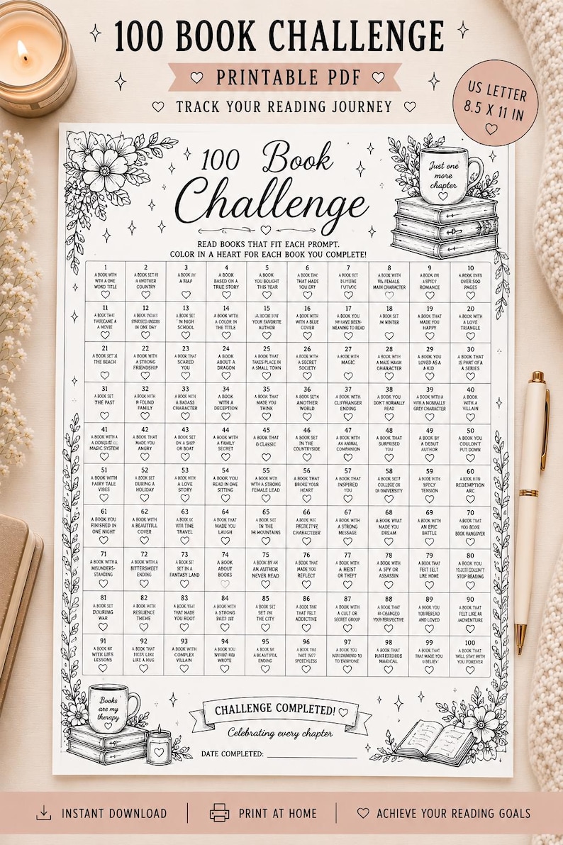 May include: Printable 100 Book Challenge chart, US Letter size (8.5 x 11 in), with prompts to track reading progress. Features floral accents, a coffee cup, and the text "Books are my therapy". Includes space to color in hearts.