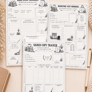 Pode incluir: Um conjunto de três páginas para imprimir para amantes de livros, com modelos para memórias de eventos literários, visitas a livrarias e um rastreador de cópias assinadas. As páginas são no tamanho US Letter, 21,6 x 27,9 cm, com detalhes florais.
