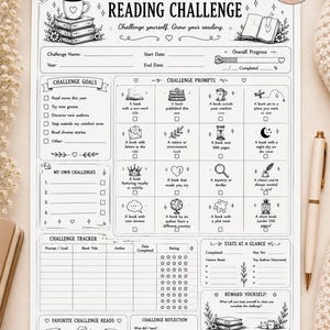 May include: A printable reading challenge template, US Letter size (21.6 x 27.9 cm). Includes prompts, goals, and a tracker to record reading progress. Features space for favourite reads and reflections.
