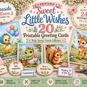 Puede incluir: Una colección de 20 tarjetas de felicitación imprimibles tituladas Sweet Little Wishes con ilustraciones de un pollito con globos, una tortuga, una ardilla y un cervatillo. Incluye frases adicionales, etiquetas de texto y elementos florales decorativos.