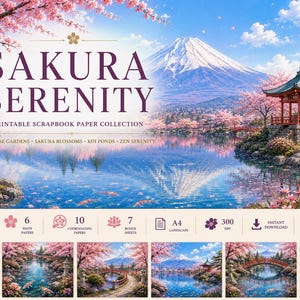 Puede incluir: Una colección digital titulada Sakura Serenity que incluye 23 papeles para álbumes de recortes imprimibles en formato horizontal A4 a 300 DPI. La imagen muestra un paisaje japonés con el monte Fuji, cerezos, una pagoda y un estanque.