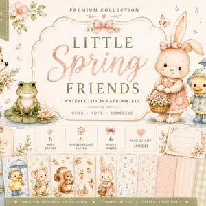 Puede incluir: Un kit de álbum de recortes de acuarela llamado "Little Spring Friends" con adorables ilustraciones de animales. El kit incluye papeles, hojas de bonificación y elementos coordinados. El diseño es suave, lindo y perfecto para el scrapbooking y las manualidades.
