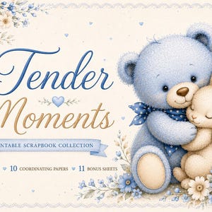 Puede incluir: Una colección de álbumes de recortes imprimible titulada Tender Moments que presenta un oso de peluche azul abrazando a un conejo color crema. El diseño incluye flores azules, una bufanda de lunares y texto que indica 8 papeles principales, 10 papeles coordinados y 11 hojas extra.