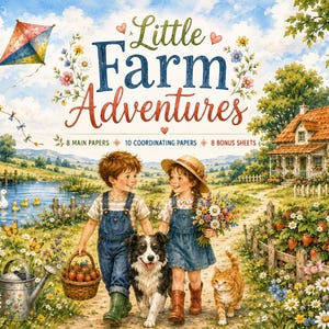 Puede incluir: Una ilustración digital titulada Little Farm Adventures que muestra a un niño con peto vaquero sosteniendo una cesta de fresas y a otro con vestido y sombrero de paja con flores, junto a un perro y un gato, con una granja y un estanque.
