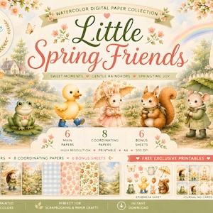 Little Spring Friends Digital Scrapbook Kit, Spring Watercolor Papers, Junk Journal Kit, Cute Animal Ephemera, Journaling Cards, Printable