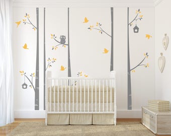 Modern Birch Tree Decal Set -birch tree decal, nursery birch decal, tree wall decal, five Birch Trees, Vinyl Wall Decal, owl wall decal