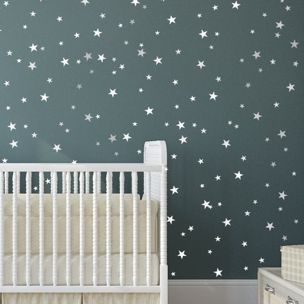 star vinyl wall decal - 148 silver stars - star wall decal art sticker for baby room nursery - silver vinyl star wall decals