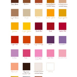 May include: A color chart featuring a grid of thirty-two colored squares with handwritten labels including Dark Brown, Brown, Nut Brown, Maize, Golden Yellow, Signal Yellow, Yellow, Light Yellow, Dark Red, Red, Dahlia Red, Light Red, Orange, Light Orange, Violet, Lavender, Lilac, Pink, Bubblegum, Soft Pink, Carnation Pink, Apricot, Espresso, White, Gold, Silver, and Copper.