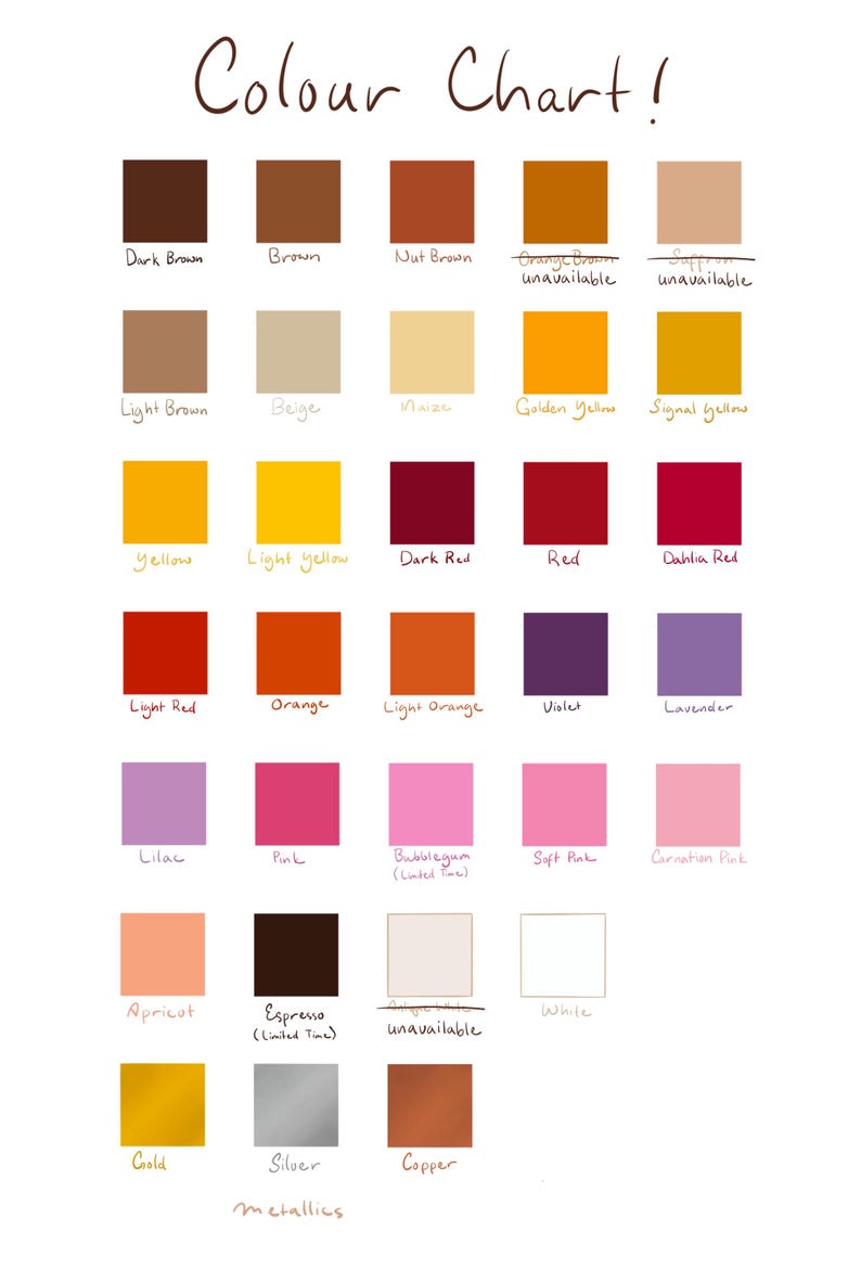 May include: A color chart featuring a grid of thirty-two colored squares with handwritten labels including Dark Brown, Brown, Nut Brown, Maize, Golden Yellow, Signal Yellow, Yellow, Light Yellow, Dark Red, Red, Dahlia Red, Light Red, Orange, Light Orange, Violet, Lavender, Lilac, Pink, Bubblegum, Soft Pink, Carnation Pink, Apricot, Espresso, White, Gold, Silver, and Copper.
