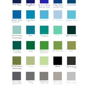 May include: A color chart featuring a grid of thirty square color swatches with handwritten labels including Dark Blue, King Blue, Brilliant Blue, Traffic Blue, Gentian Blue, Azure Blue, Light Blue, Ice Blue, Powder Blue, Geyser Blue, Teal, Turquoise, Mint, Dark Green, Blue Green, Green, Yellow Green, Lime Tree Green, Olive, Celadon, Key Lime, Black, Dark Grey, Storm Grey, Grey, Middle Grey, Warm Grey, and Light Grey.