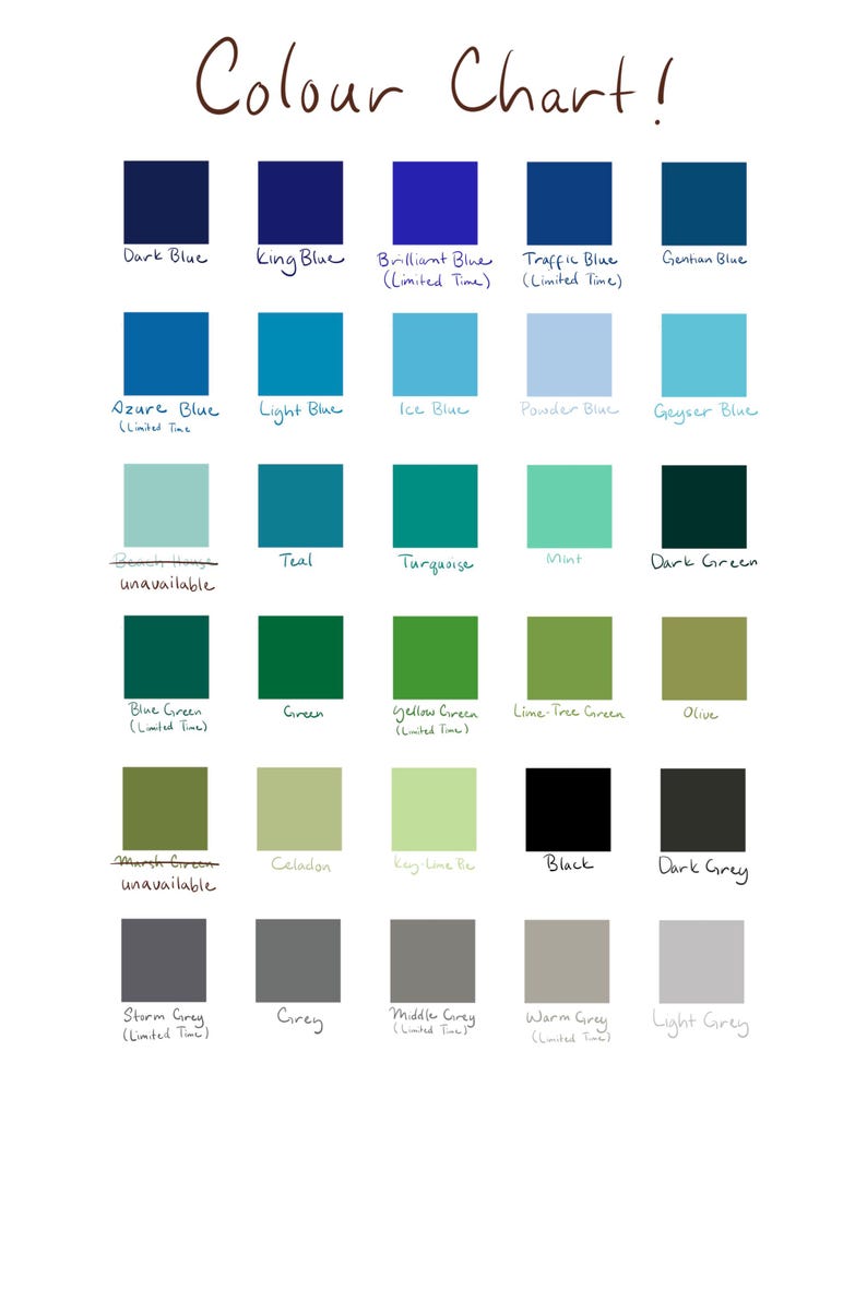May include: A color chart featuring a grid of thirty square color swatches with handwritten labels including Dark Blue, King Blue, Brilliant Blue, Traffic Blue, Gentian Blue, Azure Blue, Light Blue, Ice Blue, Powder Blue, Geyser Blue, Teal, Turquoise, Mint, Dark Green, Blue Green, Green, Yellow Green, Lime Tree Green, Olive, Celadon, Key Lime, Black, Dark Grey, Storm Grey, Grey, Middle Grey, Warm Grey, and Light Grey.